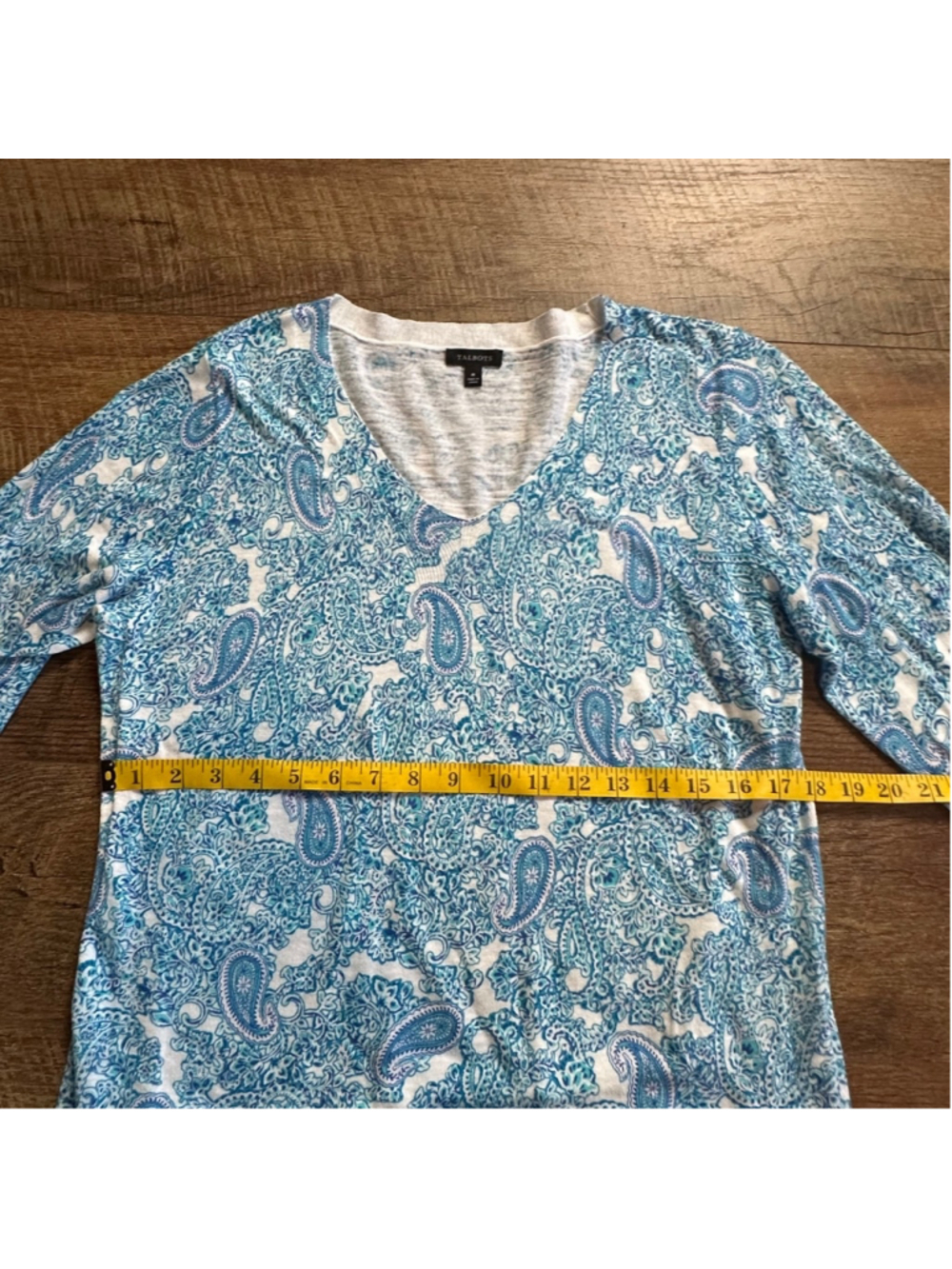 Women's Talbots Top Size S Blue Paisley V-Neck 3/4 Sleeve Summer